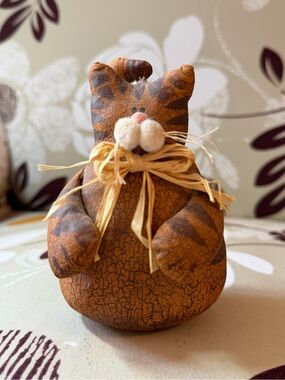Vintage Rust Orange Plush Cat Figurine with Raffia Bow - Decorative Pet Accent